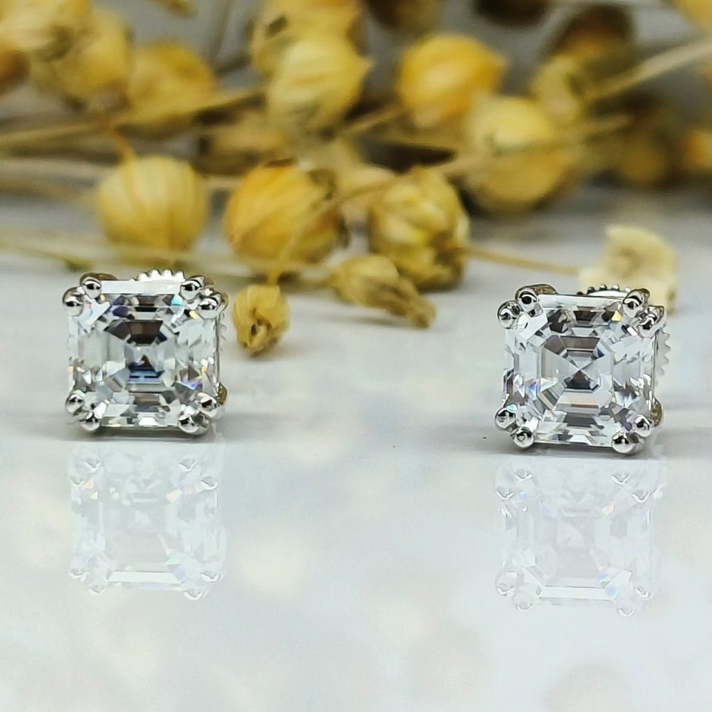 3.80 Ct Asscher Cut Double Prong Set Moissanite Stud Earring 14K Gold Plated